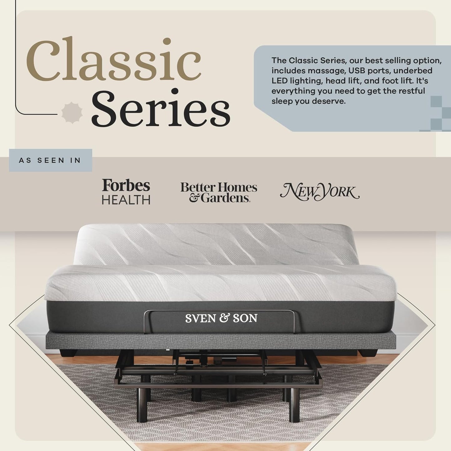 Classic Adjustable Bed Base (Frame) + 14 Inch Hybrid Spring Matt (Medium Soft), Head and Foot Lift, Massage, Under-Bed Lights, USB, Memory Positions, Zero Gravity, Wireless Remote - King