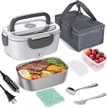Electric Lunch Box Food Heater,  80W Electric Heating Lunch Boxes for Car/Men/Adults/Home/Work, 1.5L Removable 304 Stainless Steel Container, 110V/12V/24V, with Fork & Spoon