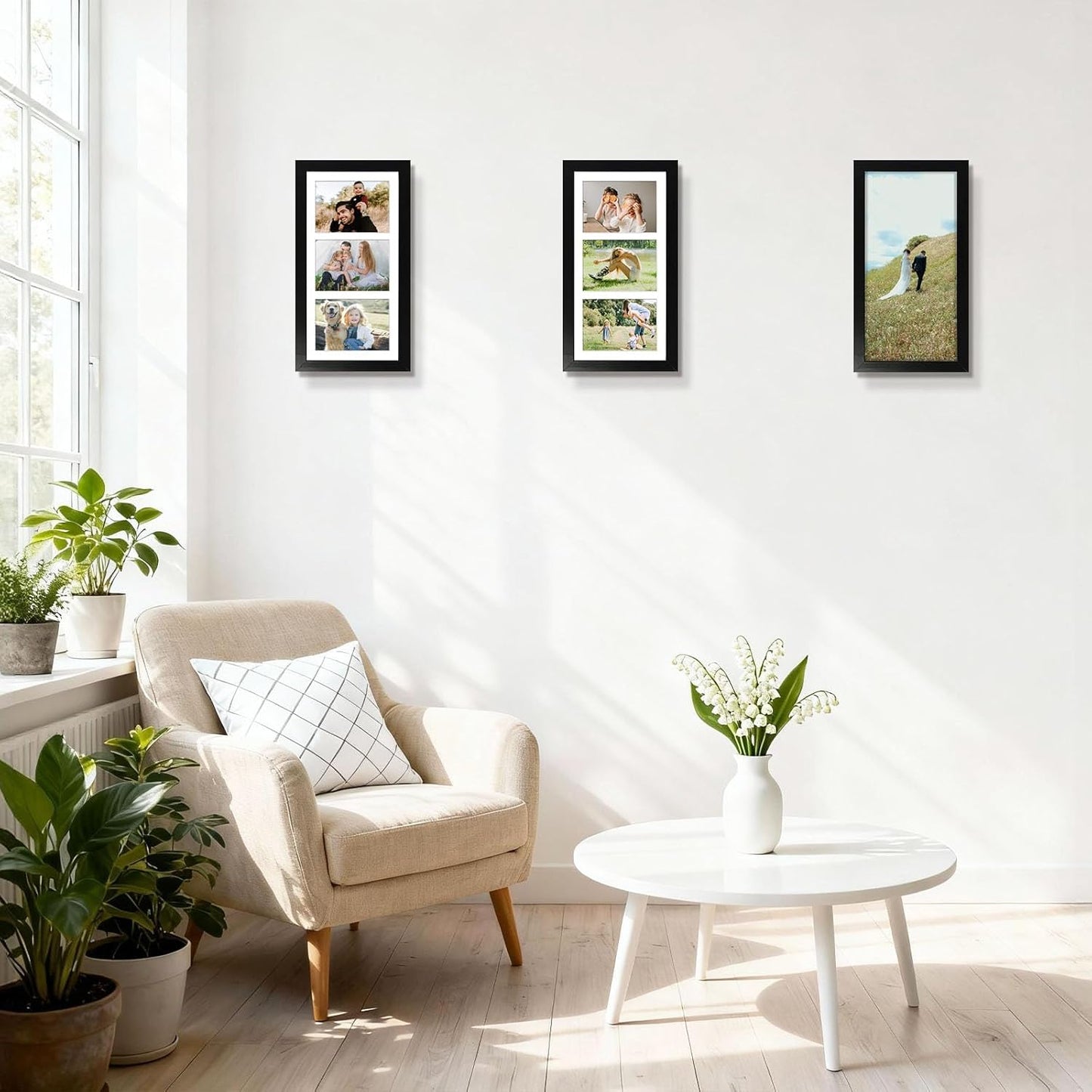 , 7X14 Black Photo Wood Collage Frame with Mat Displays (3) 4"X6" Pictures