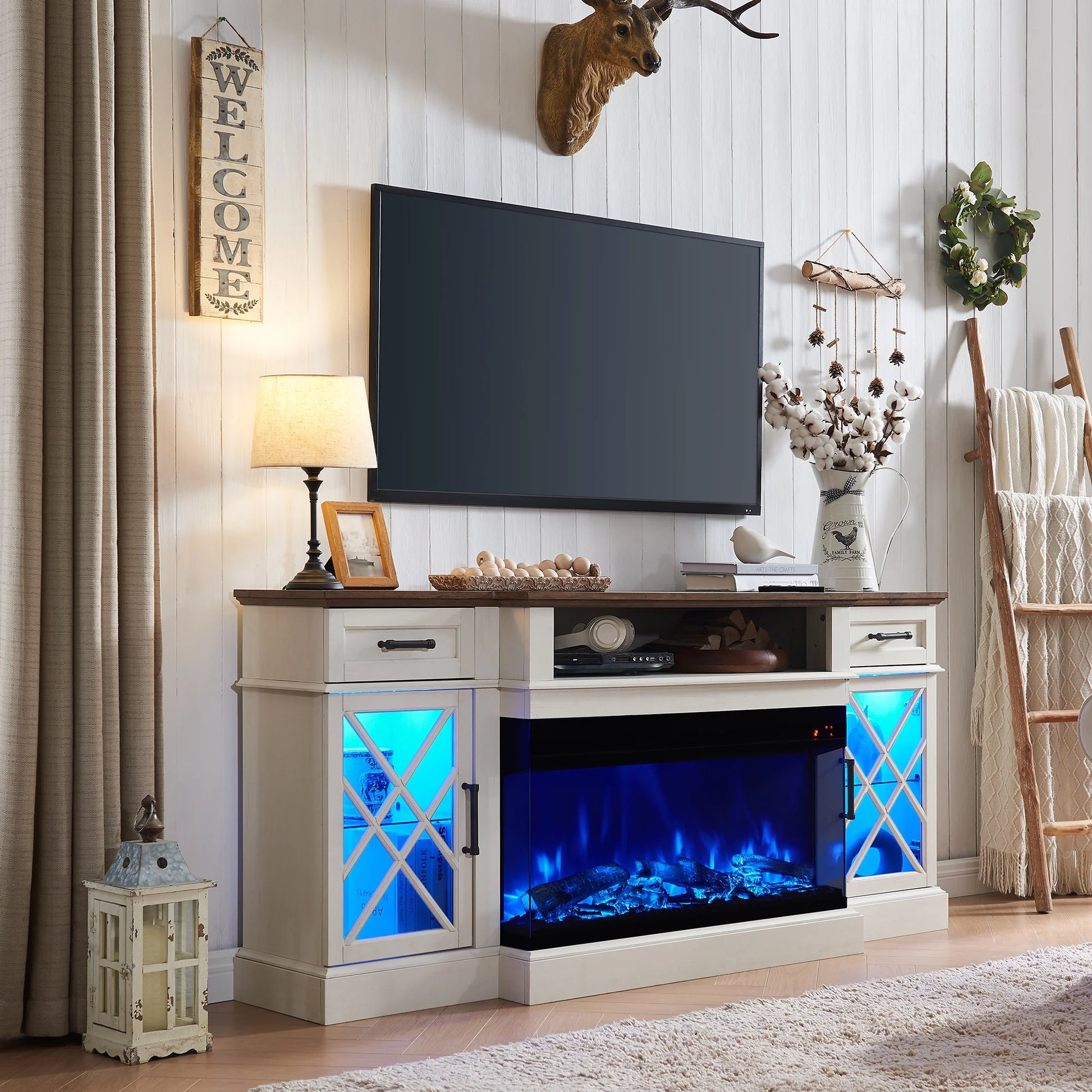 Farmhouse 3-Sided Fireplace TV Stand for 80" Tvs, 70" Entertainment Center with Electric Fireplace and Storage Drawers, Antique White
