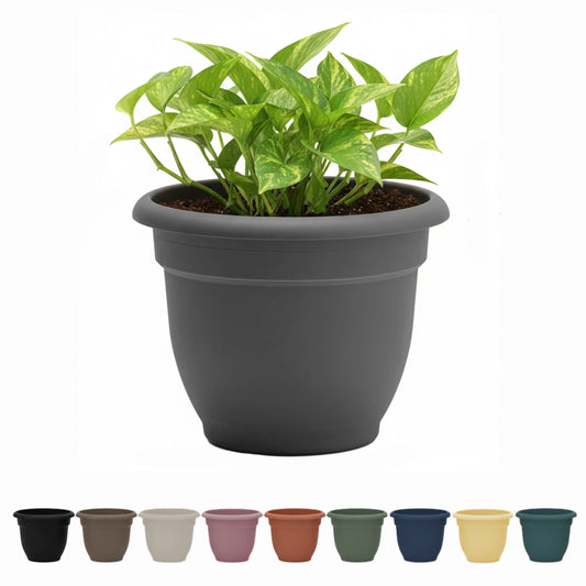 Ariana 16" Charcoal round Self-Watering Resin Planter Pot - Rolled Rim Indoor and Outdoor Gardening Planter