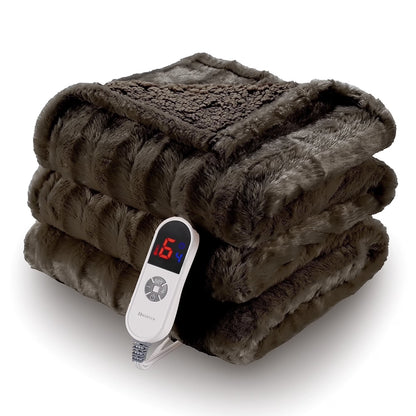 Electric Throw Blanket Extra Large Size, 50" X 72" Soft Faux Fur Heated Throw Blanket, 6 Heating Levels, 4 Hours Timer - Brown