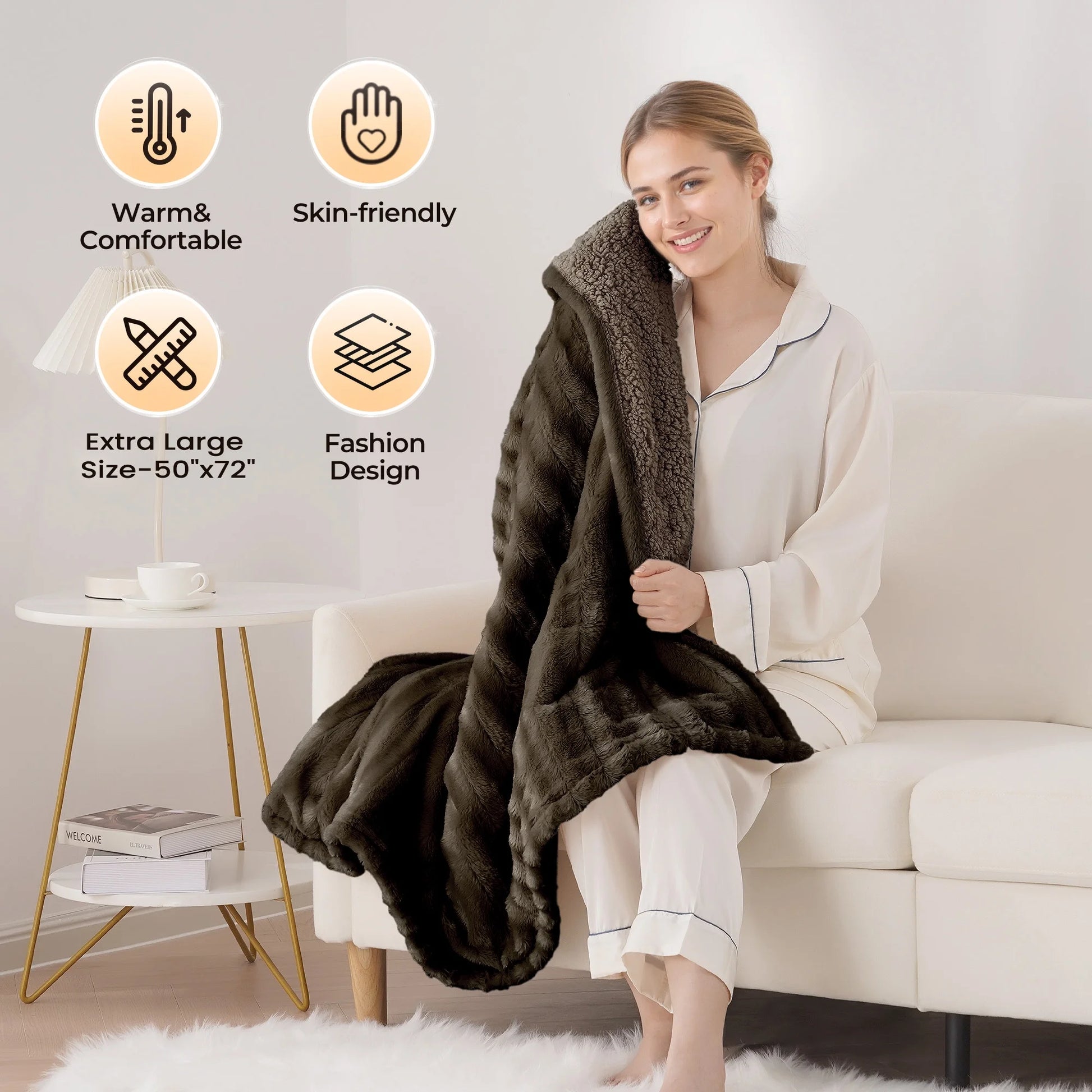 Electric Throw Blanket Extra Large Size, 50" X 72" Soft Faux Fur Heated Throw Blanket, 6 Heating Levels, 4 Hours Timer - Brown