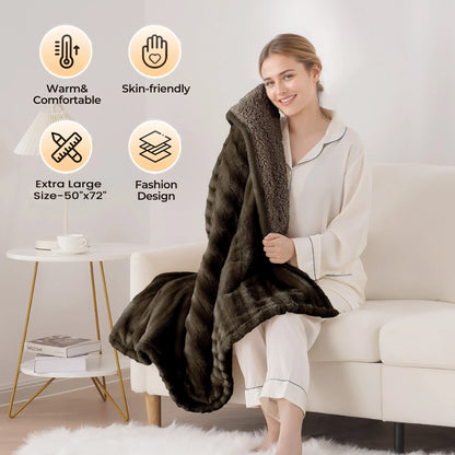 Electric Throw Blanket Extra Large Size, 50" X 72" Soft Faux Fur Heated Throw Blanket, 6 Heating Levels, 4 Hours Timer - Brown