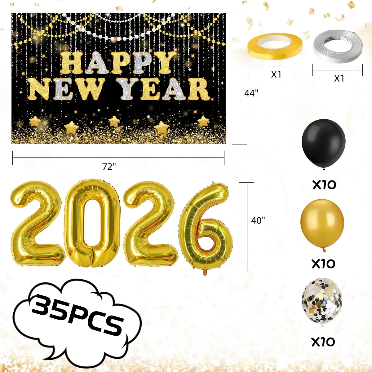 New Years Eve Party Supplies Decorations 2026 Set Large Happy New Year Banner Backdrop Gold Balloons 2026 41Pcs
