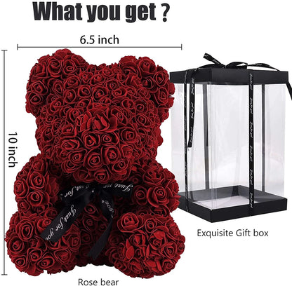 10-Inch Rose Flower Bear Gifts for Valentine'S Day,Mother'S Day,Christmas（Wine Red）