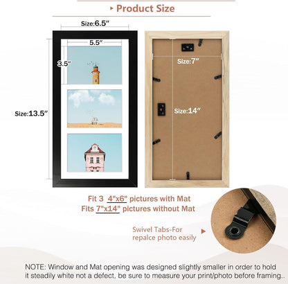 , 7X14 Black Photo Wood Collage Frame with Mat Displays (3) 4"X6" Pictures