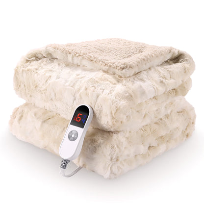 Electric Throw Blanket 50" X 60", Soft Faux Fur Heated Throw Blanket with Large LED Display, 6 Heating Levels, 4 Hours Timer- Tie-Dye off White