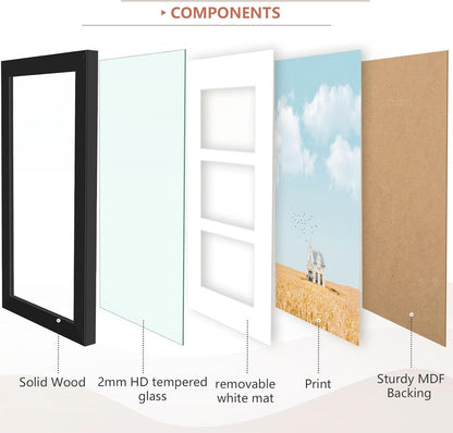 , 7X14 Black Photo Wood Collage Frame with Mat Displays (3) 4"X6" Pictures