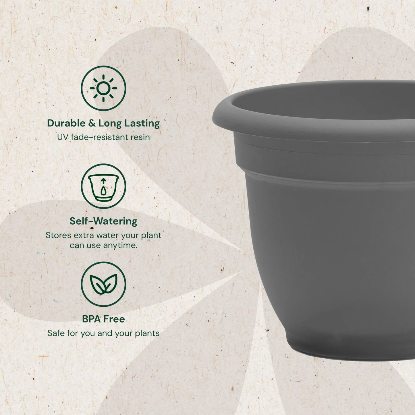 Ariana 16" Charcoal round Self-Watering Resin Planter Pot - Rolled Rim Indoor and Outdoor Gardening Planter