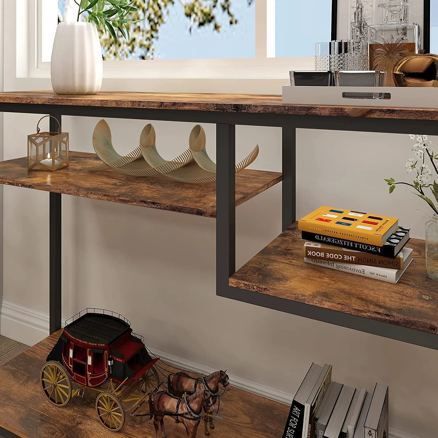 Narrow Console Table, Rustic with 4 Storage Shelves and 2 Hooks, Perfect for Living-Rooms and Hallways